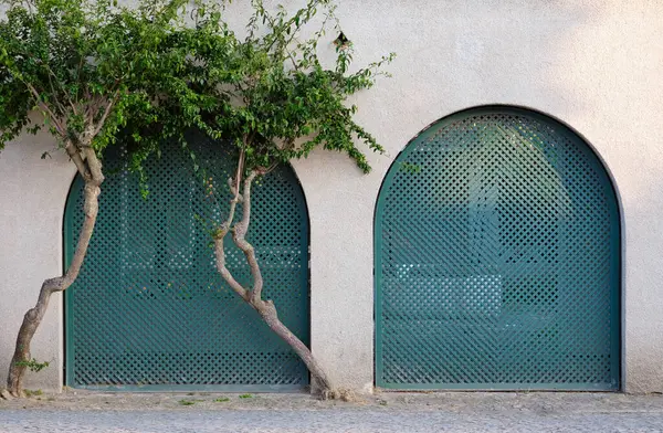 緑の金属のアーチの周りに2本の木 — ストック写真