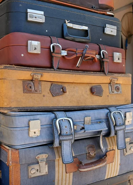 Pile Vintage Leather Suitcases Stock Image