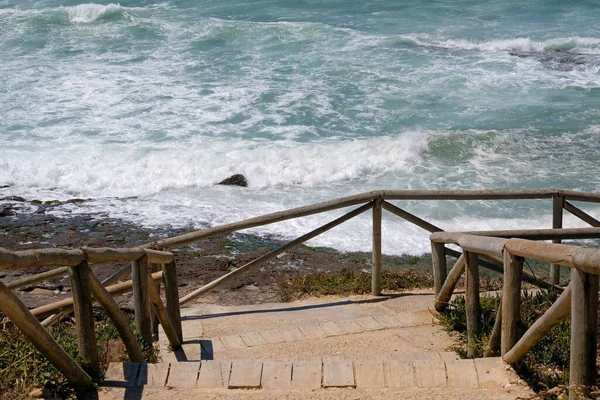 Stairs Leading Waves Arriving Coast Ericeira Portugal — Stock Photo, Image