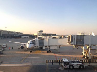 28 Mart 2019 - Milano, İtalya: Akşam saatlerinde Milano Malpensa havaalanının kapısında bir uçak bekliyor..