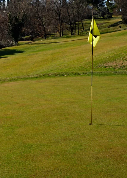 在阳光明媚的日子 高尔夫球场上有旗杆 — 图库照片