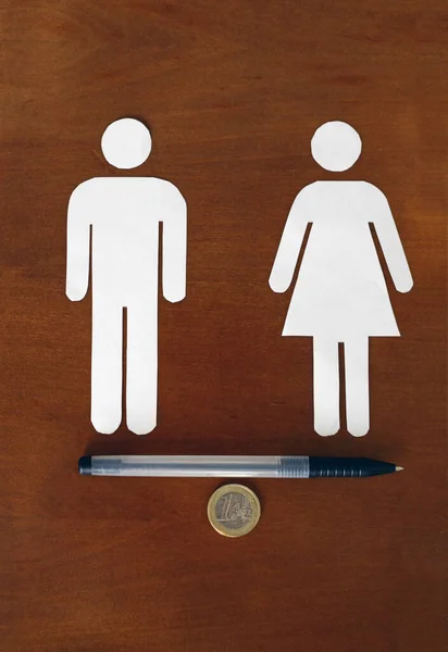 Igualdade Género Superar Diferença Salarial Equilibração Símbolo Masculino Feminino Moeda — Fotografia de Stock