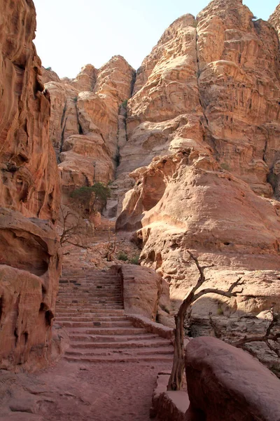 ヨルダンのペトラの砂漠の都市で谷を通り抜ける階段 — ストック写真