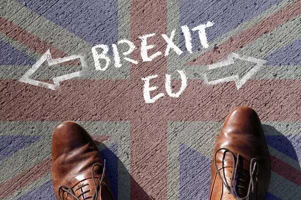 Brexit Brexit Mirando Hacia Abajo Par Zapatos Union Jack — Foto de Stock