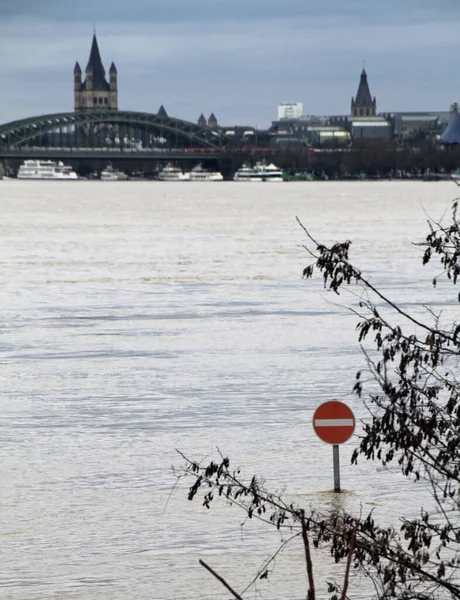 极端天气 德国科隆被洪水淹没的行人区 — 图库照片