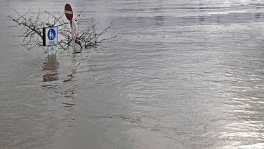 Aşırı hava: Almanya 'nın Köln kentindeki su basmış yaya bölgesinde sokak işaretleri