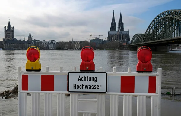 Extreme Weather Warning Sign German Entrance Flooded Pedestrian Zone Cologne — Stock Photo, Image