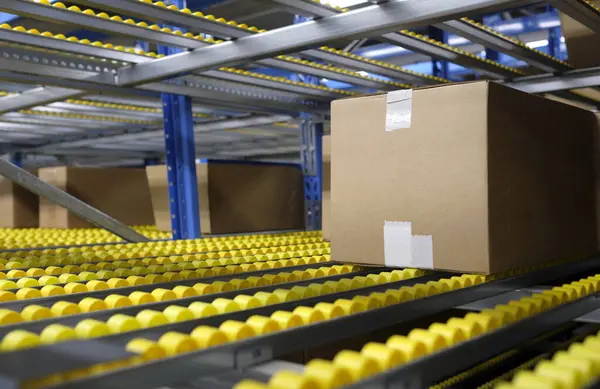 Row of packages inside a logistics and distribution center