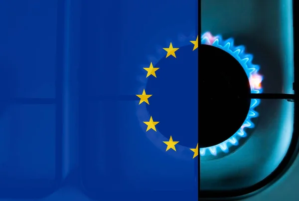 Evropská Unie Plynová Krize Vlajka Nad Plynovým Sporákem — Stock fotografie