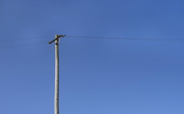 Mavi gökyüzünün önündeki elektrik hattı ve tahta direk.