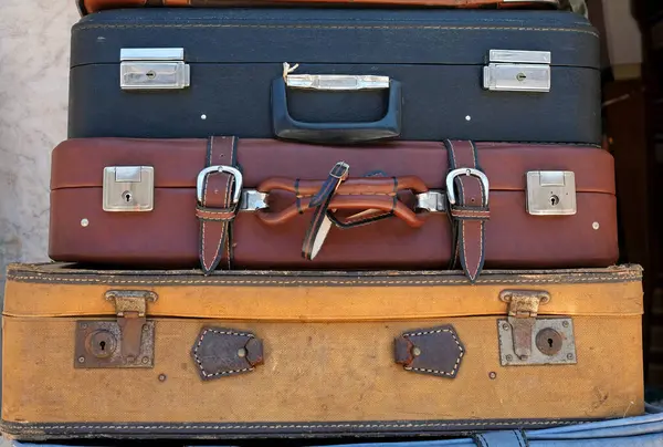 Stack Vintage Leather Suitcases Flea Market Royalty Free Stock Photos