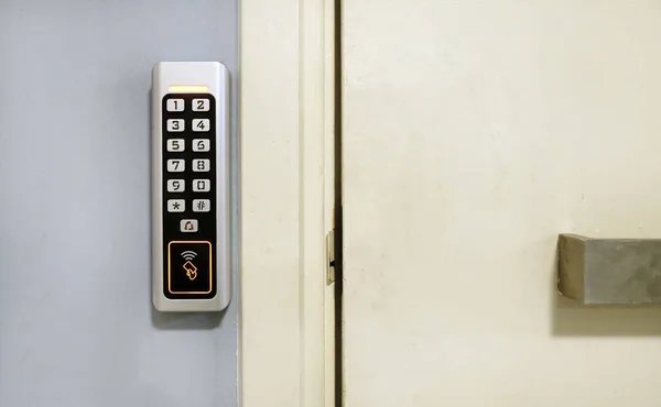 Access control with a passcode - combination lock next to a closed and locked door