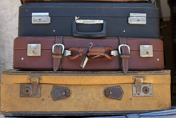 Stack Vintage Leather Suitcases Flea Market Stock Picture
