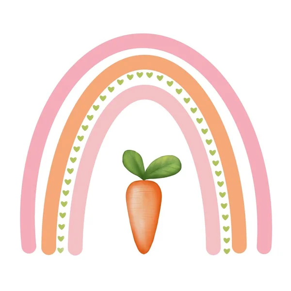 Boho rainbow with hearts and carrots. Easter Day rainbow illustration isolated on white background.Easter day element clipart,baby shower,wallpaper,greeting and invitation cards.
