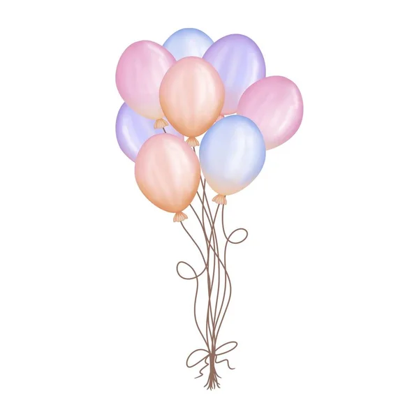 Watercolor colorful balloon bunches. Pastel pink,peach,purple,orange and blue balloons illustration isolated on white background. Birthday party,wedding decoration,greeting and invitation cards.