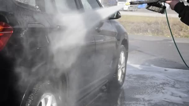 Man Washes His Car Self Service Car Wash — Stock Video
