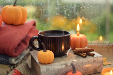 Pencerede balkabaklarıyla sıcak kompozisyon. Dışarıda yağmur var. Sonbahar konsepti.