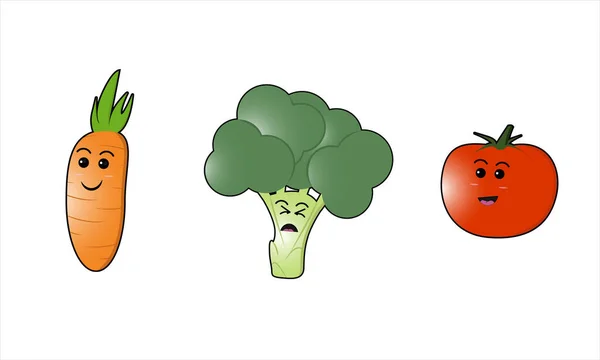 Cute Vegetable Character Carrots Broccoli Tomatoes — Stock Vector