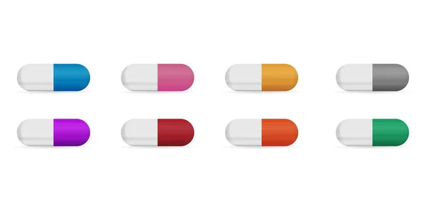 Comprimido Cápsula Conjunto Pílulas Cápsula Realista Isolado Branco Vetor Conceito —  Vetores de Stock
