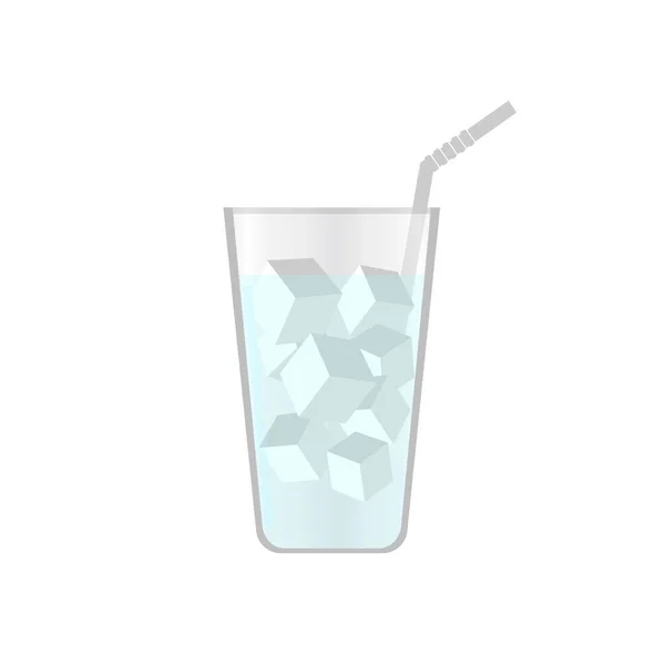 杯子里的水 有冰块和弯曲的稻草 平面矢量图解 — 图库矢量图片