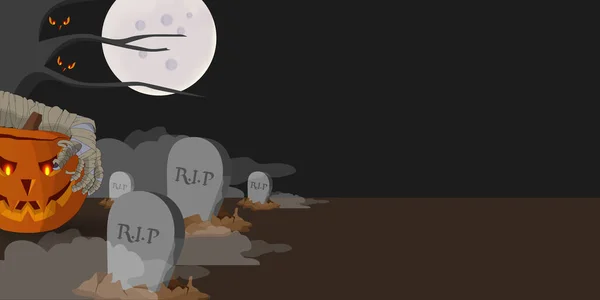 Illustration Mumien Hålla Monster Pumpa Huvud Kyrkogården Fullmåne Halloween Firande — Stock vektor