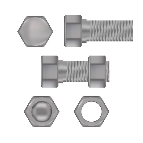 Realistiska Metallskruvar Och Stålbultar Isolerade Vit Vektorsats Konstruktion Stål Skruv — Stock vektor