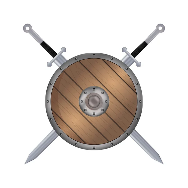 Реалистичный Щит Эмблема Меча Логотип Военных Игр Древностей — стоковый вектор