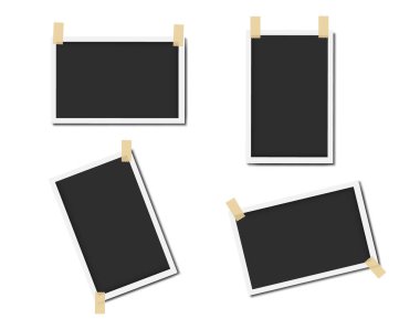 Yapışkan bantlı gerçekçi klasik fotoğraf çerçevesi şablonu. Fotoğraflar için fotoğraf çerçevesi şablonu. Fotoğraf modelleme vektör illüstrasyonu