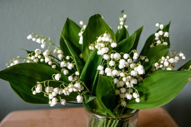Vadinin güzel zambakları, gri ahşap arka planda yeşil ve leylak çiçekleri..