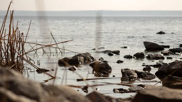 Sahilde büyük taşları olan güzel bir göl