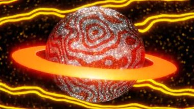 Üç boyutlu neon ve ışıltılı soyut döngülü arka plan. Parlayan çemberli turuncu ve gümüş renkli disko gezegeni. Sarı renkli dalgalar ve karanlık uzayda bulanık yıldızlar. Y2K 80 'lerin eski duvar kağıdı. Parlak renkler. 4K 30 fps animasyon