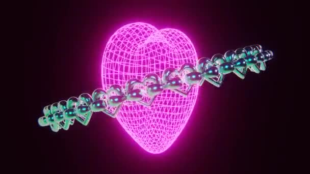 Abstrakt Neon Hjärta Kedja Valentine Kärlek Disco Boll Retro Groovy — Stockvideo