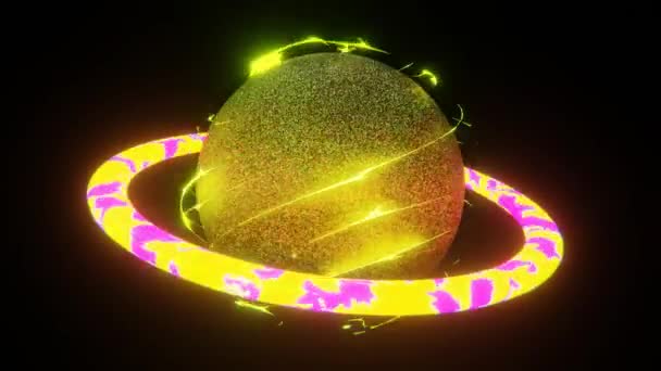 带有发光霓虹灯环和电子元件的闪亮行星的三维动画 4K30 Fps动态宇宙网络空间无缝循环背景 — 图库视频影像