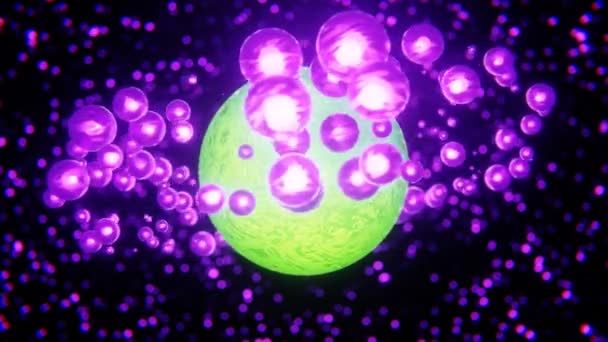 Neon Abstracte Looped Achtergrond Groene Discoplaneet Met Paarse Bollen Wazige — Stockvideo