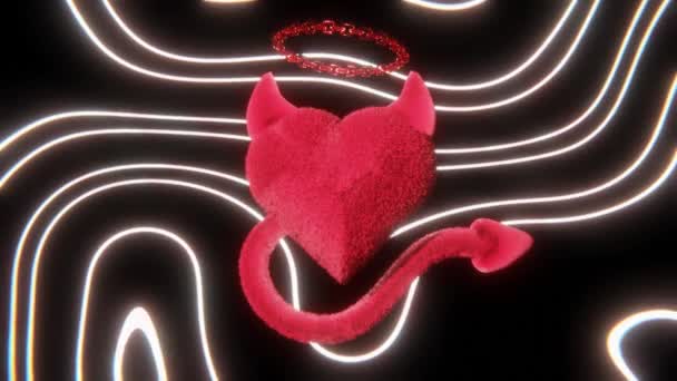 Corazón Rojo Diablo Abstracto Con Cadenas Carácter Ondas Neón Blanco — Vídeos de Stock