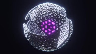 Neon enerji küresi ve metalik çelik krom parlak kürenin soyut 3 boyutlu animasyon arka planı geometrik yapıya bağlı 30 fps 4K dikişsiz görüntü