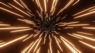 Üç boyutlu soyut bilim kurgu geçmişi. Kusursuz döngü animasyonu. Sarı turuncu neon ışınlı ışık hızı tüneli. Evrenin duvar kağıdının içinden uçuyor. 4k video 3d hareket tasarımı 30 fps