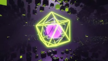 Karanlık uzayda neon küplü, soyut döngü arkaplan renkli, neon mor ve yeşil parıltılı yüksek teknolojili bilim kurgu fütürizma enerjisi. 4k video, 3d hareket tasarımı, hareket grafikleri, 30 fps
