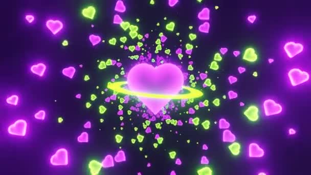 Túnel Abstracto Con Planeta Neón Brillante Forma Corazón Púrpura Verde — Vídeos de Stock