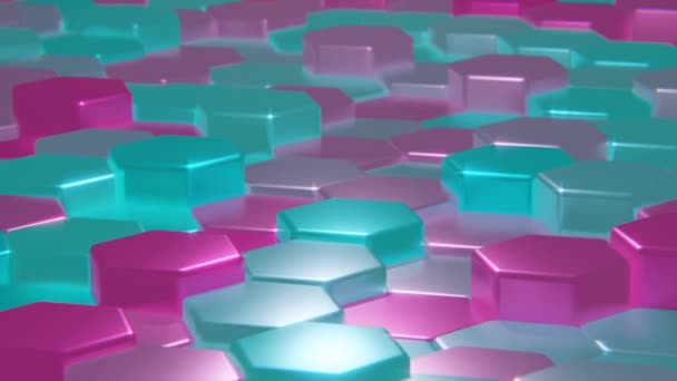 3D背景科幻高科技80年代逆波无缝回路 蒸汽波合成波以发亮的青色和粉色六边形纹理对霓虹灯景观进行视频游戏 Fps — 图库视频影像