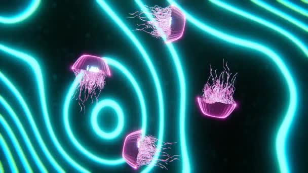 Streszczenie Tapety Neonowej Różowa Meduza Pływająca Ciemnej Przestrzeni Niebieskimi Neonami — Wideo stockowe