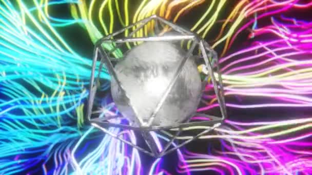 抽象的な3Dネオン輝く背景 歪んだ質感と背中のカラフルな電気を備えた金属球 レインボーカラーの壁紙 サイファイスタイル Fps ループ アニメーション — ストック動画