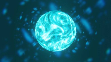 Karanlık uzayda parlak noktalı, parlak yüksek teknolojili bilim-kurgu fütürizm enerjisinden oluşan soyut arkaplan renkli küre. 4k 3d illüstrasyon, 3d tasarım, 3d grafikler