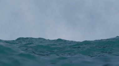 Bulutlu bir yaz gününde okyanusun 3 boyutlu çizimi. Su renkleri. Hayat kavramı. Doğa duvar kağıdını nazikçe sallıyor. Kasvetli hava. Huzurlu meditasyon ve sükunet. 4K Bilgisayar Grafikleri Hazırlayıcı