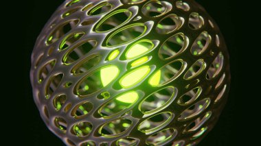 4K bilgisayar grafikleri içinde parlayan yeşil atom ve delikleri olan aydınlık uzaylı dokusunun soyut üç boyutlu sinematik çizimi