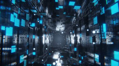 Soyut 3D şehir tüneli arkaplanı. Bilimkurgu siber punk video oyunu stili mavi neon ışıklı küre enerjili duvar kağıdı. Tuğla dokusu. Karanlık uzayda parlak bir ışık. 4K 3D bilgisayar grafikleri oluşturucu