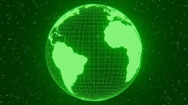 Soyut arkaplan dünya küresi hologramı, parlak yıldızlı karanlık uzayda yeşil neon ışıklı yüksek teknolojili bilim-kurgu fütürizm enerjisinden yapılmıştır. Bilgisayar grafikleri, 3D görüntüleme, 4k illüstrasyon