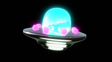 Soyut bilim kurgu 3d retro-groovy neon UFO uzaylı kozmik yıldızlar metalik. Bilgisayar grafikleri arka plan y2k 4K oluşturur