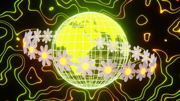 Abstract 3D planet space disco retro groovy vibes glitter flowers daisy neon waves Earth Day festive globe hologram laser computer graphics rendred 4K wallpaper