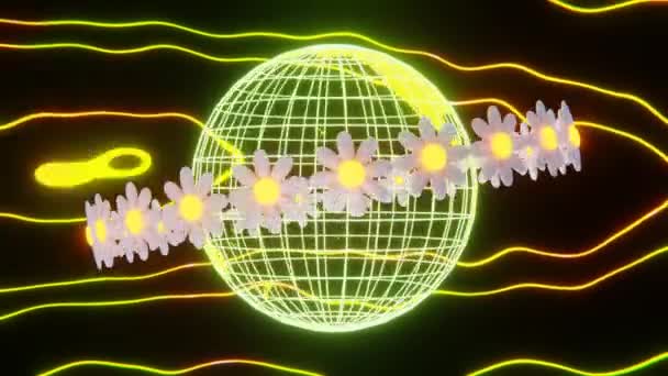 Abstraktní Planeta Prostor Diskotéka Retro Groovy Vibrace Třpytky Květiny Sedmikrásky — Stock video